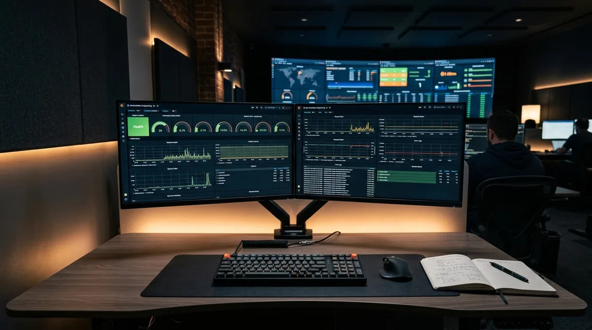 High-tech engineering operations center with dark monitors displaying network topologies