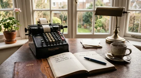 Accounting workspace with mechanical adding machine, open ledger notebook, and tea cup in morning light