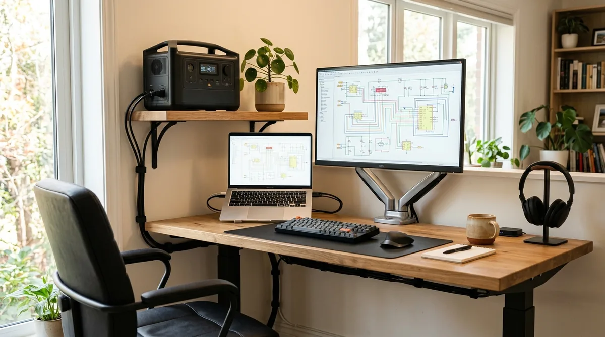 Ergonomic remote home office desk with high-capacity portable power station battery backup on shelf, laptop, and circuit schematic monitor