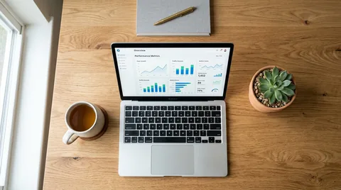 Clean remote work desk with laptop displaying colorful progress donut graphs and succulent plant