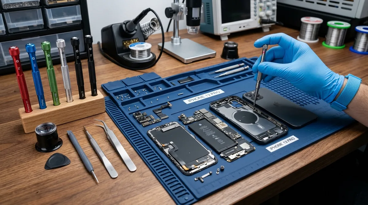 Precision electronics workbench with magnetic repair pad, disassembled device, and micro-tools