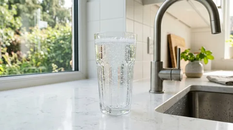 Glass of purified mineral water with micro bubbles next to modern brushed nickel faucet in sunlit kitchen