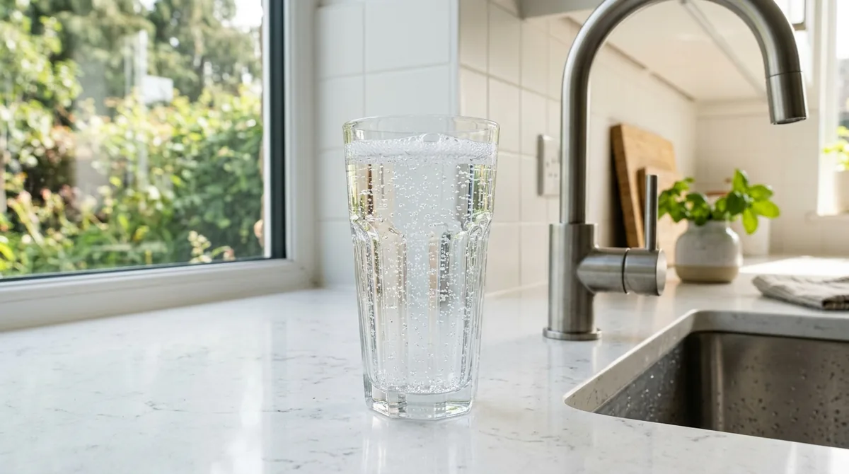 Glass of purified mineral water with micro bubbles next to modern brushed nickel faucet in sunlit kitchen
