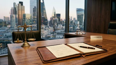 Executive boardroom table with leather portfolio, pen, and brass balance scales ornament overlooking city skyline