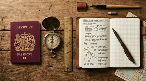 Traveler desk flat lay with blank burgundy passport cover, brass antique pocket compass, and open blank grid journal