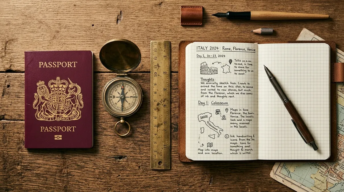 Traveler desk flat lay with blank burgundy passport cover, brass antique pocket compass, and open blank grid journal