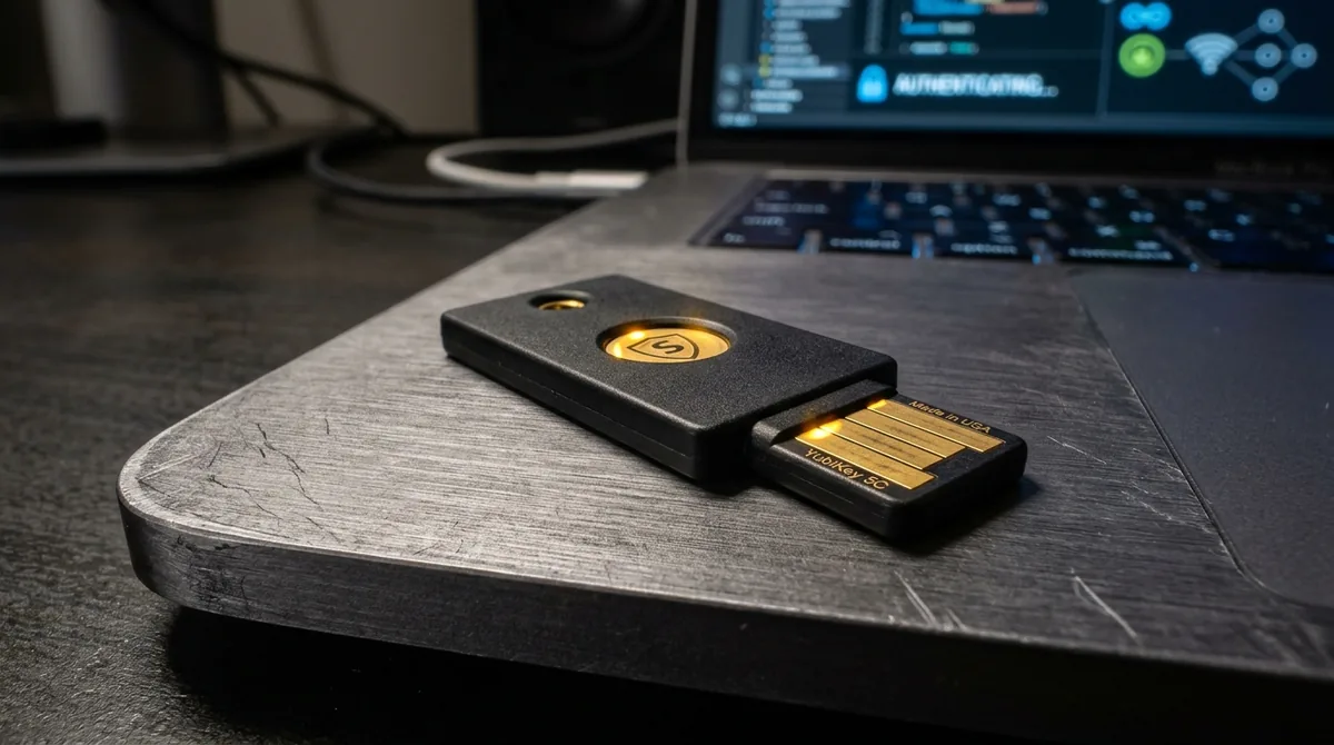Macro view of physical brass and matte-black USB security authentication key resting on laptop chassis