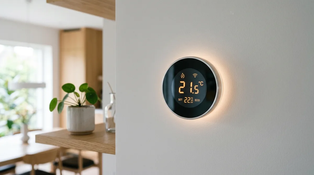 Minimalist circular black smart thermostat with illuminated ambient ring mounted on modern interior wall