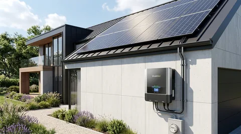 Modern residential rooftop solar array with exterior wall mounted grid inverter system under clear sunny sky