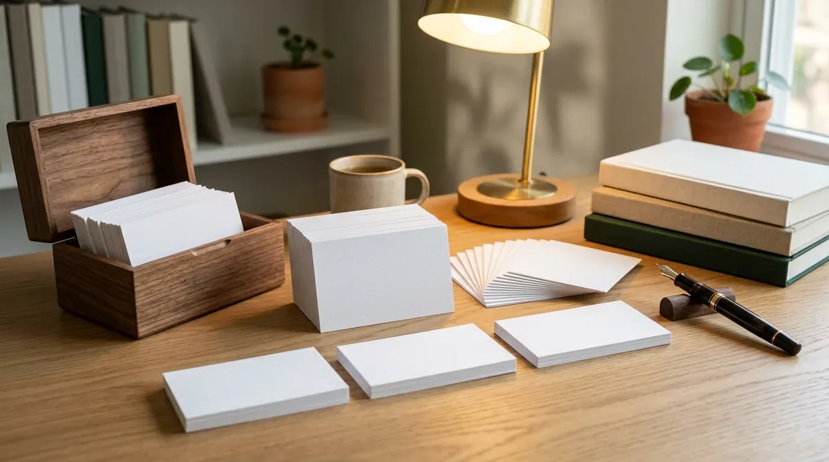 Minimalist study desk with organized index review cards, wooden storage box, and fountain pen