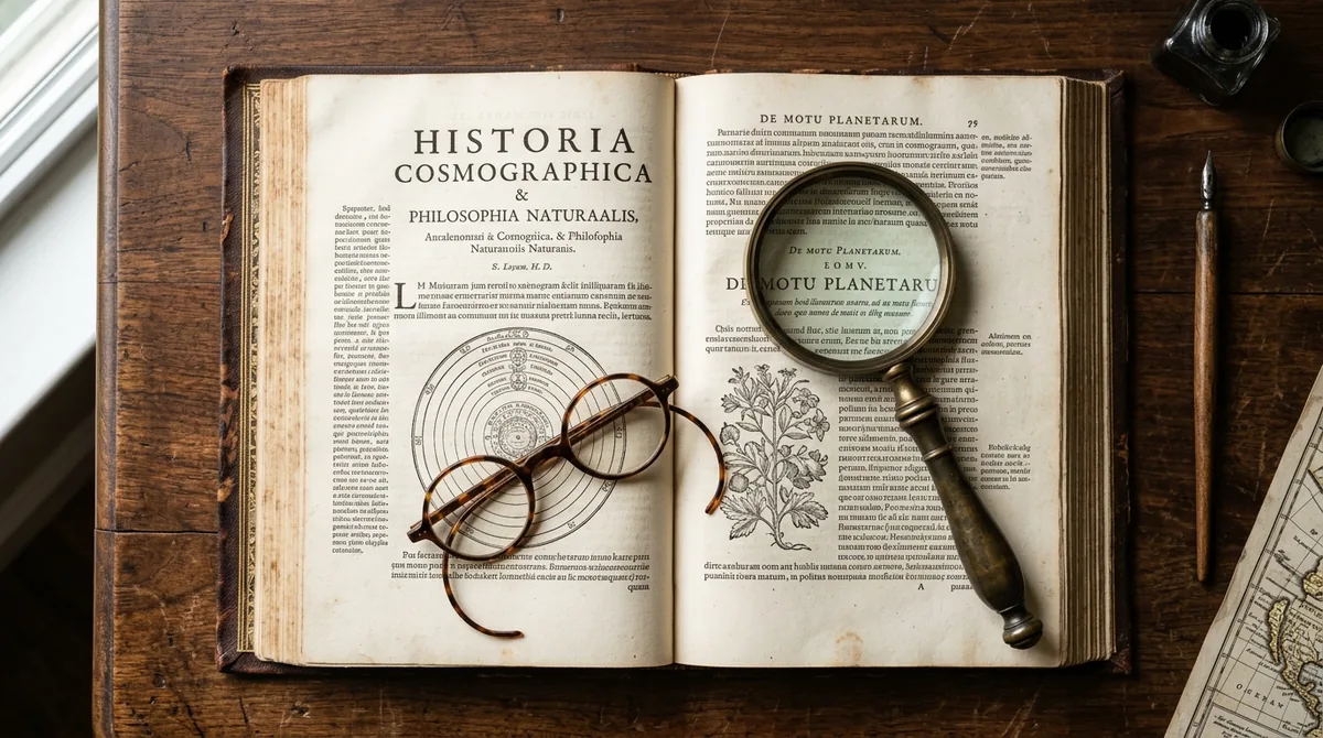 Open hardcover book with clean cream pages, reading spectacles, and antique brass magnifier