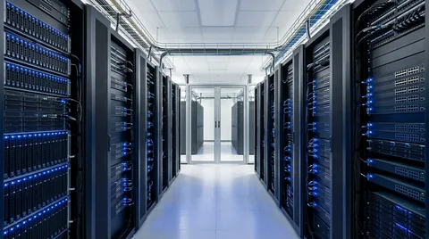 Modern server room hardware with soft blue LED status lights on rack-mounted servers in a symmetrical quiet corridor