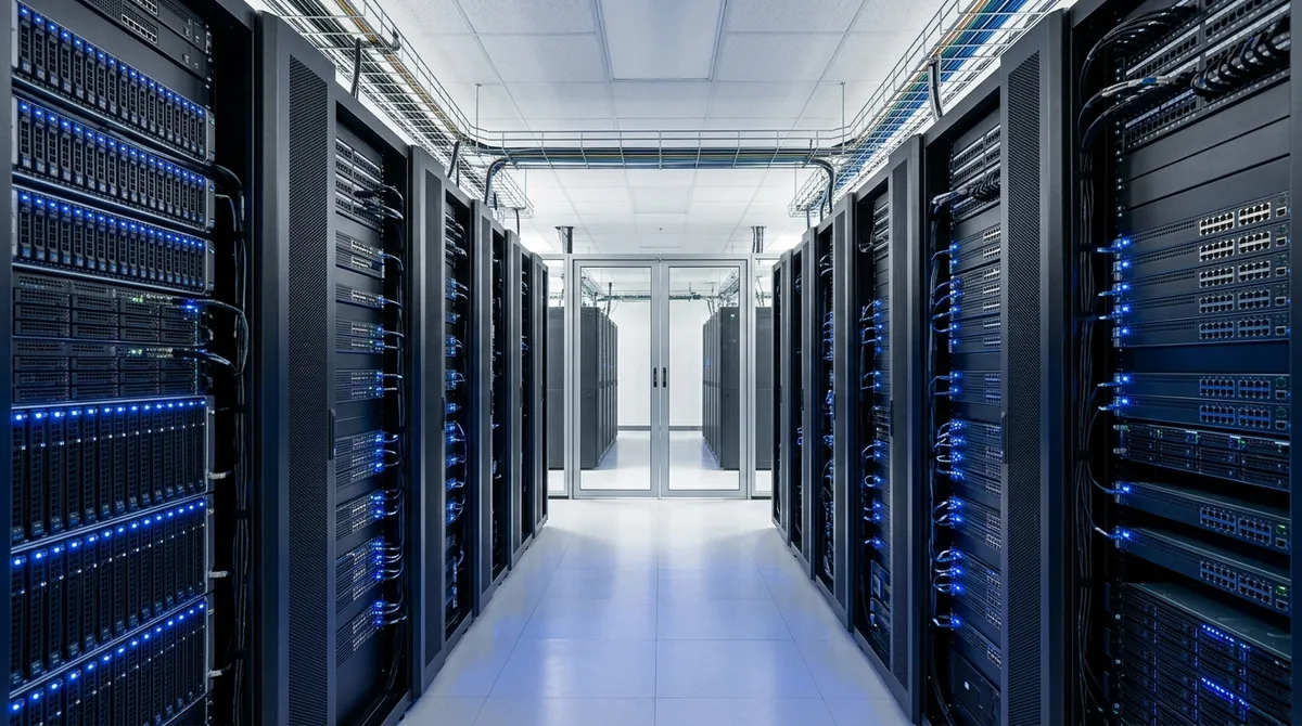 Modern server room hardware with soft blue LED status lights on rack-mounted servers in a symmetrical quiet corridor