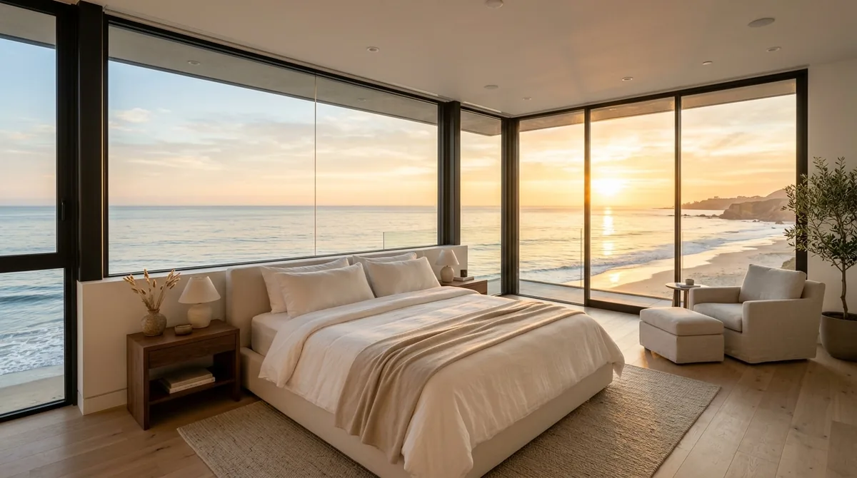 Serene bedroom with floor-to-ceiling panoramic window overlooking golden ocean sunrise light