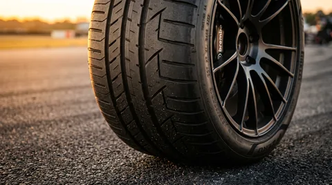 Macro perspective of high-performance car tire showing directional tread blocks and deep sipes on asphalt