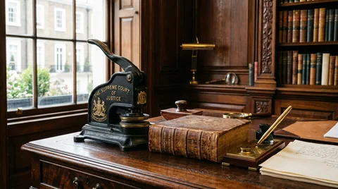 Classic mahogany law office desk with antique brass seal stamper, bound leather volume, and fountain pen
