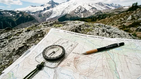 Transparent baseplate sighting compass resting on paper topographic contour map with wooden pencil