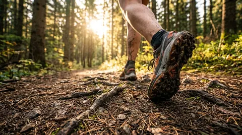 Action perspective of trail running shoe with lugged rubber outsole striking dirt path strewn with pine needles