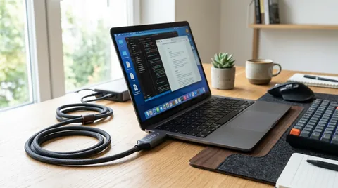 Braided USB-C power delivery cable with aluminum connector plugged into modern laptop on wooden desk