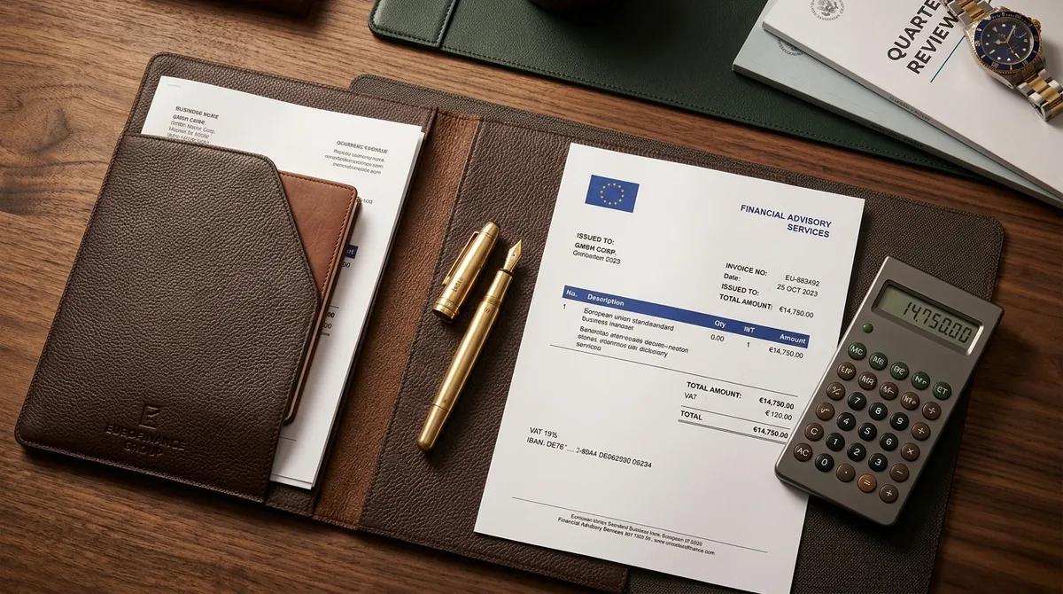 Clean accounting desk flat lay with leather document portfolio, brass pen, and open grid ledger notebook