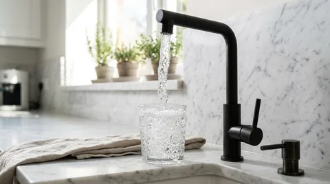 Glass being filled with clear water from modern matte-black filtration faucet on marble countertop
