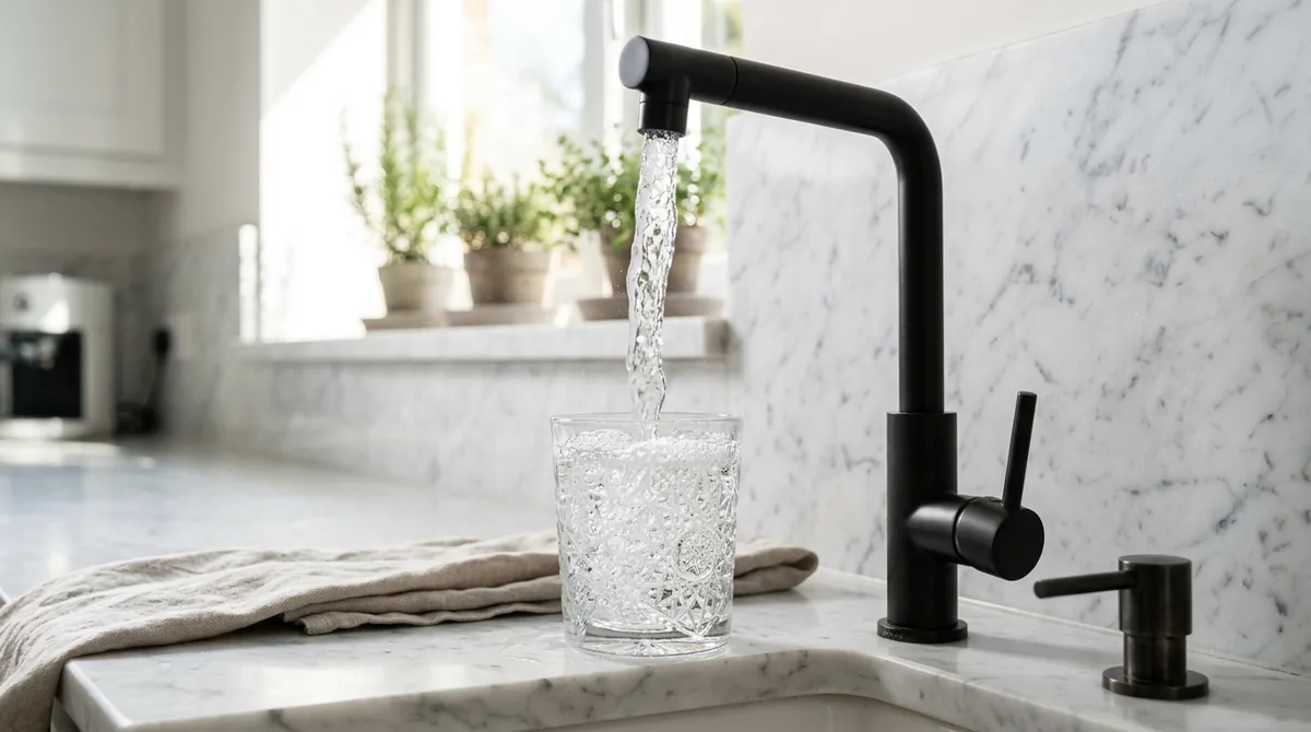 Glass being filled with clear water from modern matte-black filtration faucet on marble countertop
