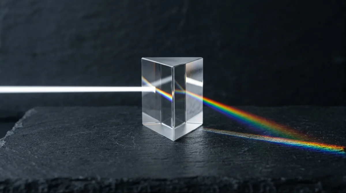 Minimalist glass prism on dark slate refracting a beam of white light into a crisp rainbow spectrum