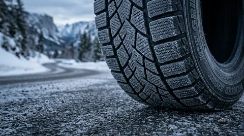 Close-up macro of aggressive winter tire tread pattern on cold frost-dusted road