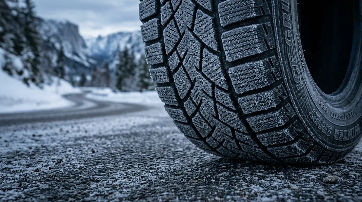 Close-up macro of aggressive winter tire tread pattern on cold frost-dusted road